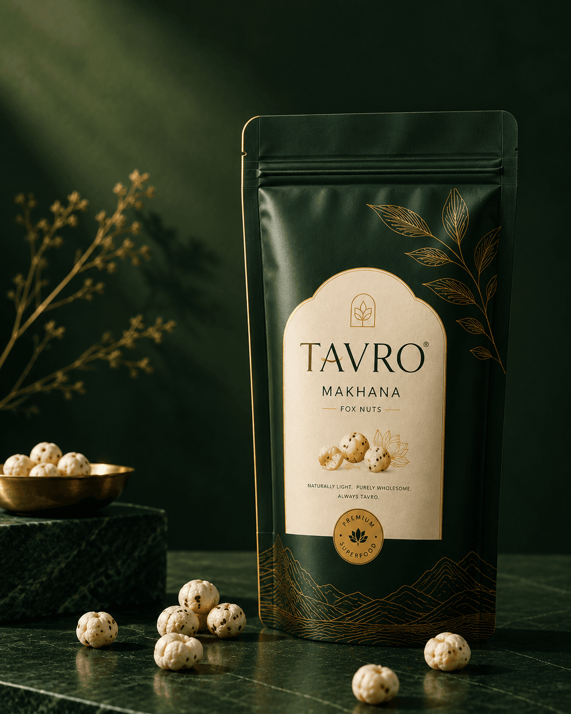 TAVRO premium makhana packaging on a forest ground