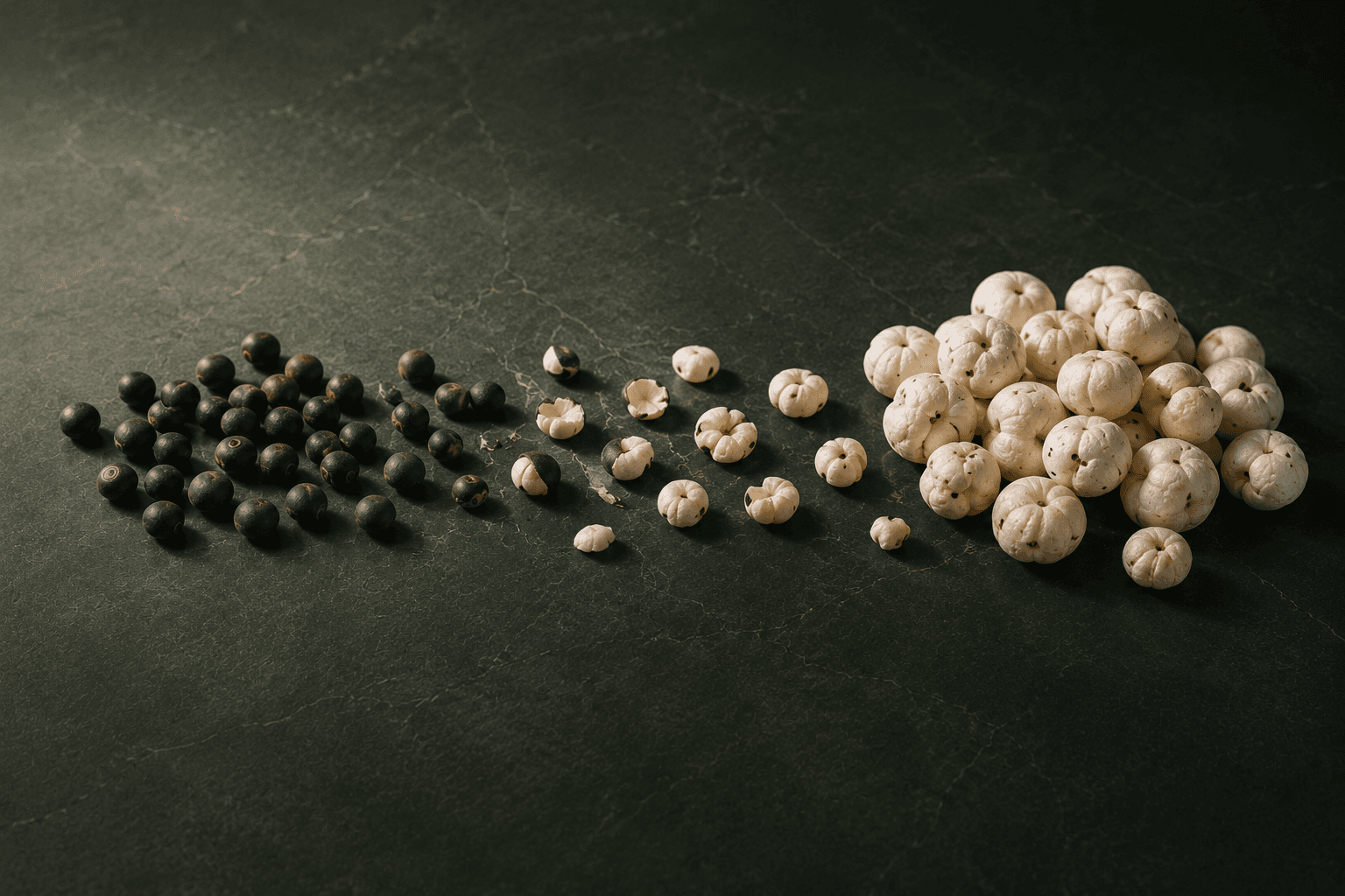 Raw Euryale ferox seeds beside light popped makhana