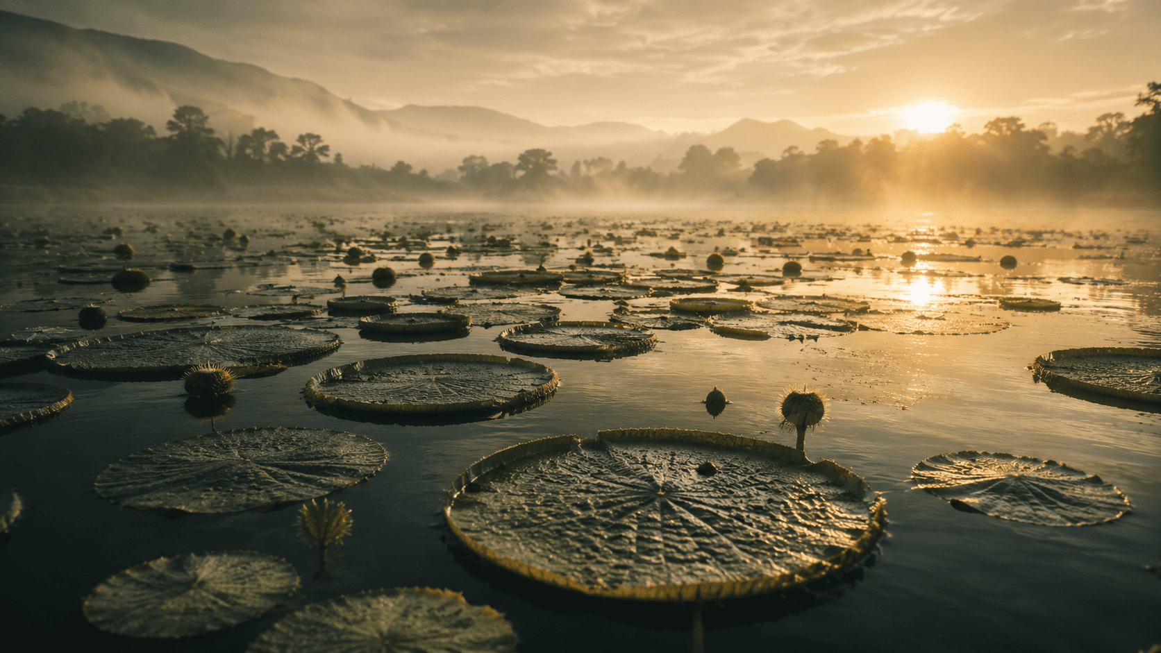 Still freshwater wetland at dawn, the natural origin of makhana