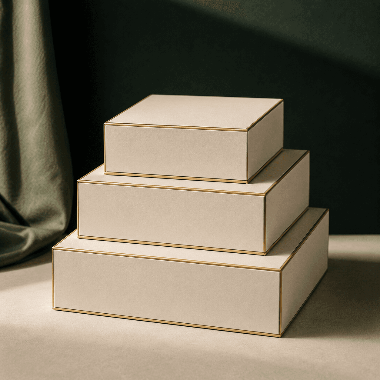 A stack of premium ivory boxes with gold edge detail