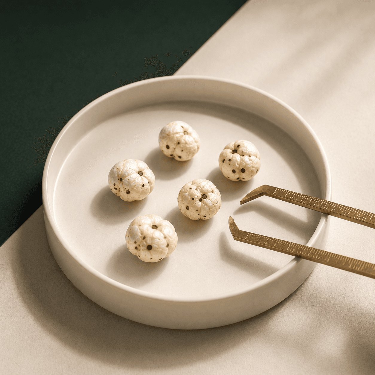 A few makhana on a clean ivory dish with a thin brass tool
